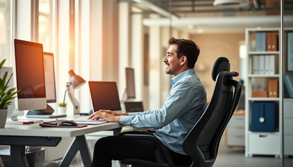 Persoană cu postură corectă lucrând confortabil pe un scaun ergonomic pentru spate