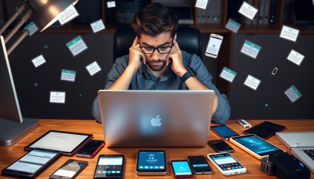 Persoană distrată de multiple dispozitive tehnologice în timp ce încearcă să se concentreze pe muncă
