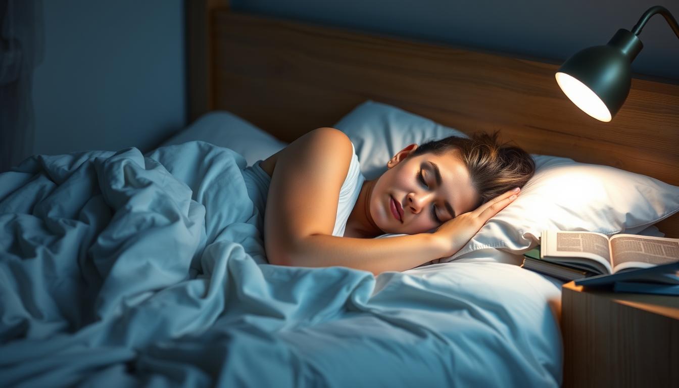 Persoană dormind liniștit într-un dormitor fără ecrane, ilustrând beneficiile reducerii expunerii la ecrane Persoană dormind liniștit într-un dormitor fără ecrane, ilustrând beneficiile reducerii expunerii la ecrane