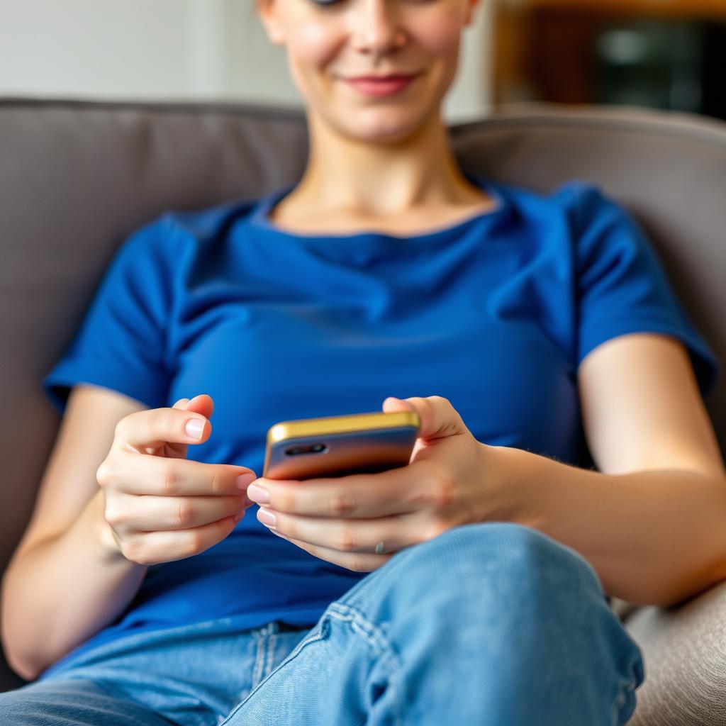 Persoană folosind telefonul într-un mod conștient, cu timer setat pentru limitarea timpului Persoană folosind telefonul într-un mod conștient, cu timer setat pentru limitarea timpului