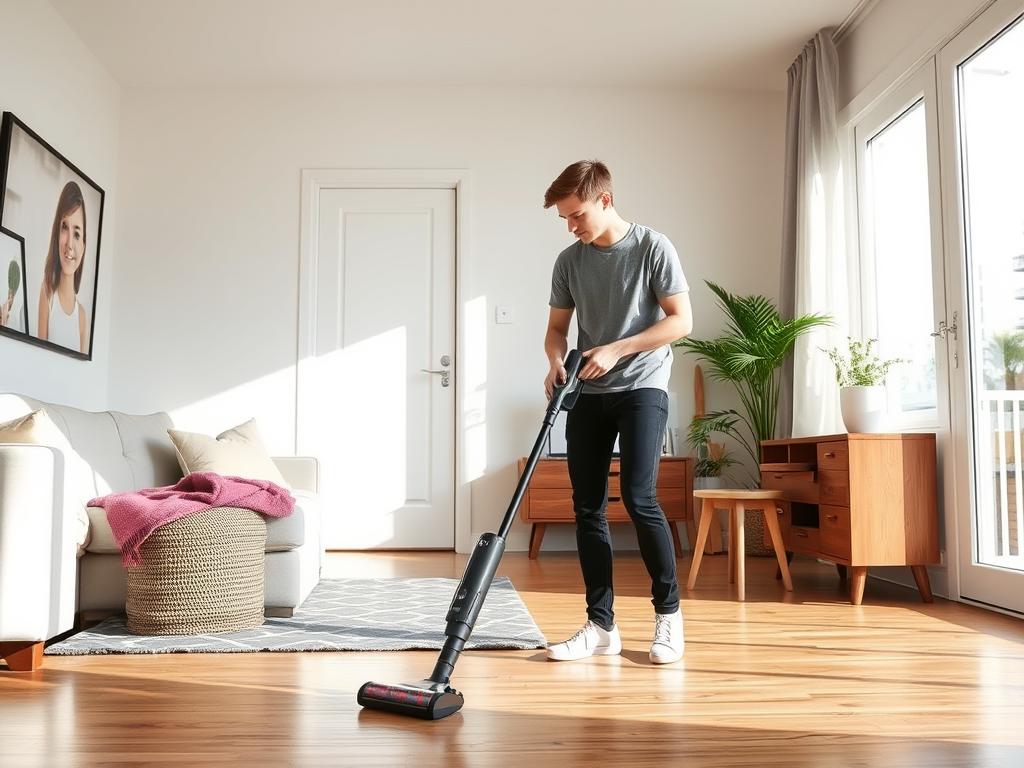 Persoană folosind un aspirator vertical într-un apartament modern Persoană folosind un aspirator vertical într-un apartament modern