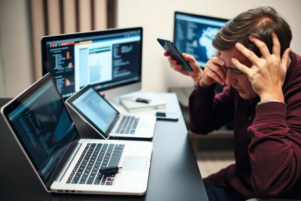Persoană încercând să lucreze simultan pe multiple dispozitive, ilustrând multitasking-ul digital Persoană încercând să lucreze simultan pe multiple dispozitive, ilustrând multitasking-ul digital