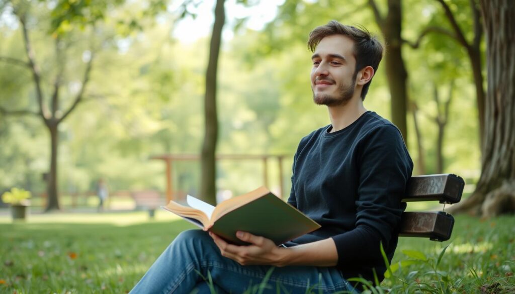 Persoană relaxată într-un parc, fără dispozitive electronice, simbolizând conceptul de detox digital