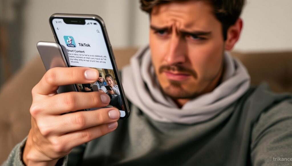 Persoană scrollând prin TikTok pe telefon, arătând cum îți afectează TikTok capacitatea de concentrare