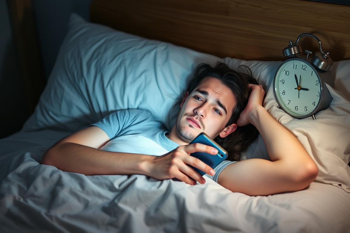 Persoană stând trează în pat după utilizarea telefonului, ilustrând întârzierea adormirii cauzată de ecrane Persoană stând trează în pat după utilizarea telefonului, ilustrând întârzierea adormirii cauzată de ecrane