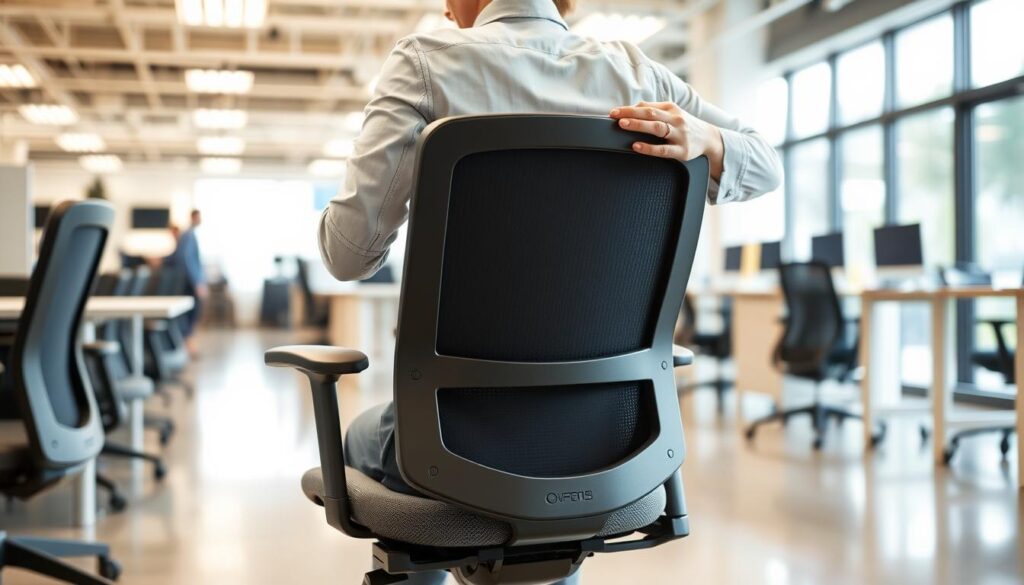 Persoană testând un scaun de birou pentru spate într-un showroom