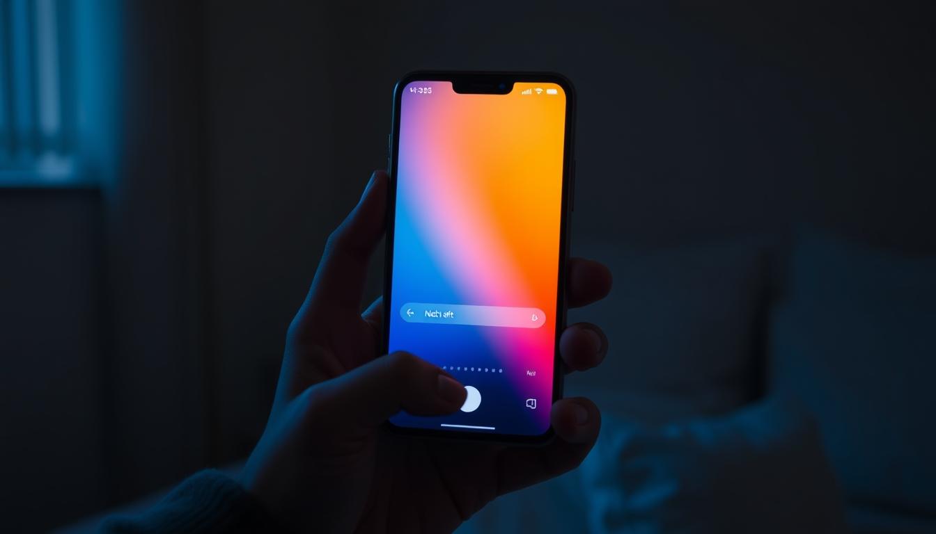 Persoană utilizând modul night shift pe telefon înainte de culcare pentru a reduce lumina albastră Persoană utilizând modul night shift pe telefon înainte de culcare pentru a reduce lumina albastră