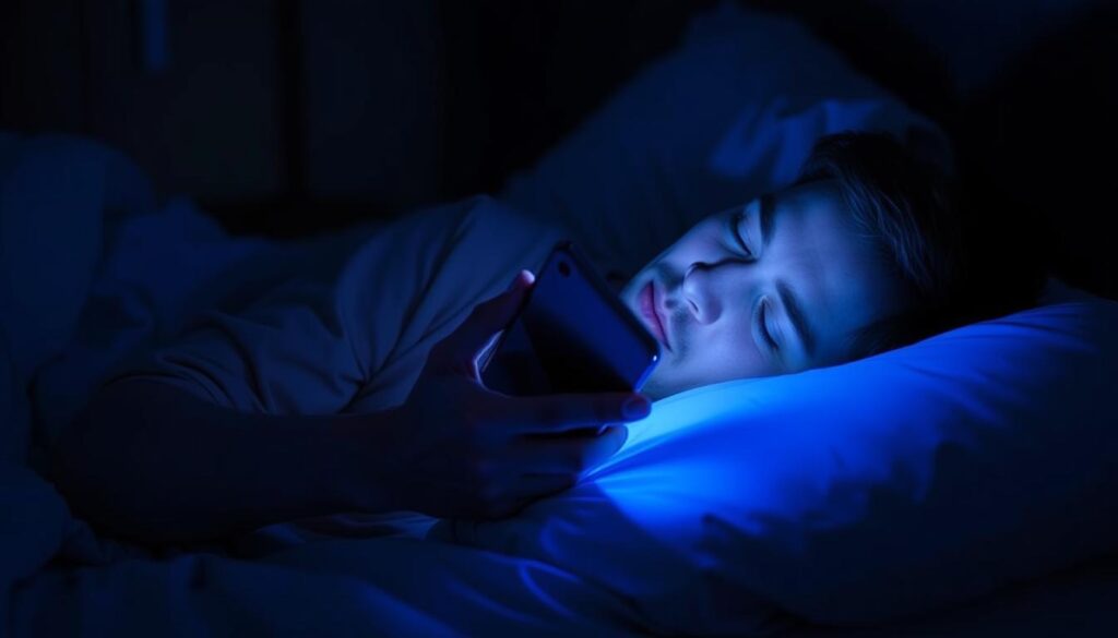 Persoană utilizând telefonul în pat înainte de culcare, ilustrând cum îți afectează somnul ecranele