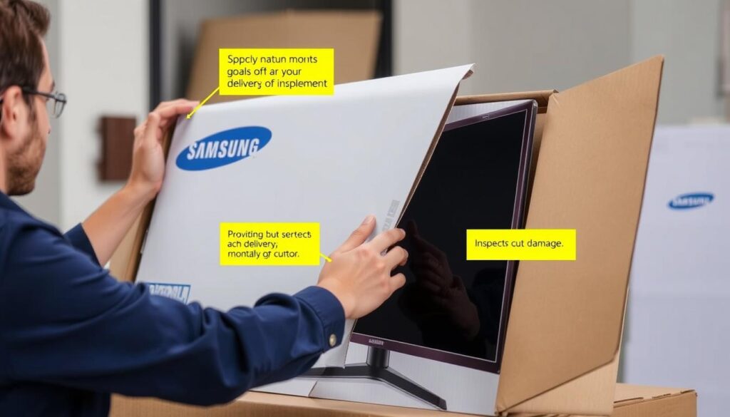 Persoană verificând ambalajul și monitorul Samsung LC34G55TWWPXEN la livrare
