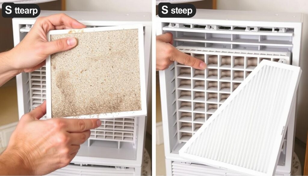 Proces de înlocuire a filtrelor la un purificator de aer, arătând filtrele murdare versus cele noi Proces de înlocuire a filtrelor la un purificator de aer, arătând filtrele murdare versus cele noi