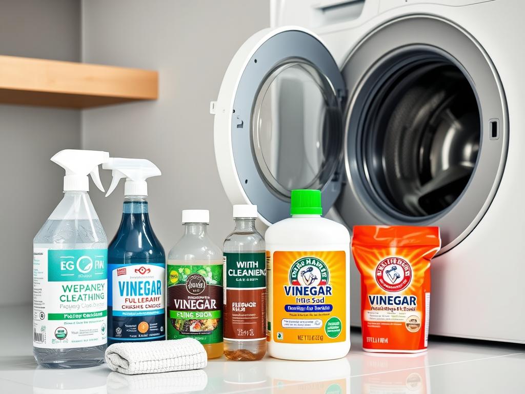 Produse moderne de curățare pentru mașina de spălat aranjate lângă o mașină de spălat deschisă