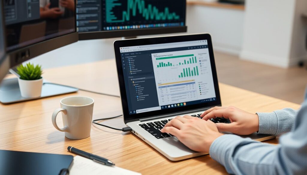 Profesionist folosind un laptop pentru muncă într-un birou sau spațiu de coworking