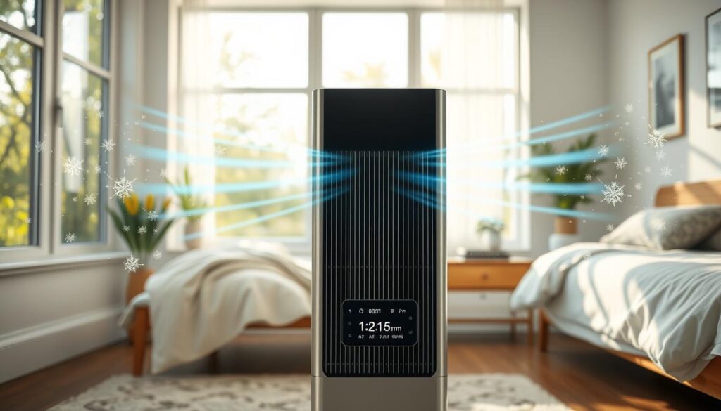 Purificator de aer modern într-un dormitor, filtrând aerul pentru persoane cu alergii