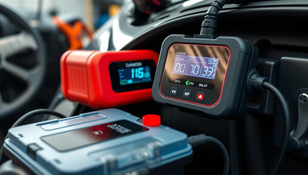 Redresor auto conectat la bateria unei mașini în garaj, cel mai bun redresor auto pentru baterie România 2025