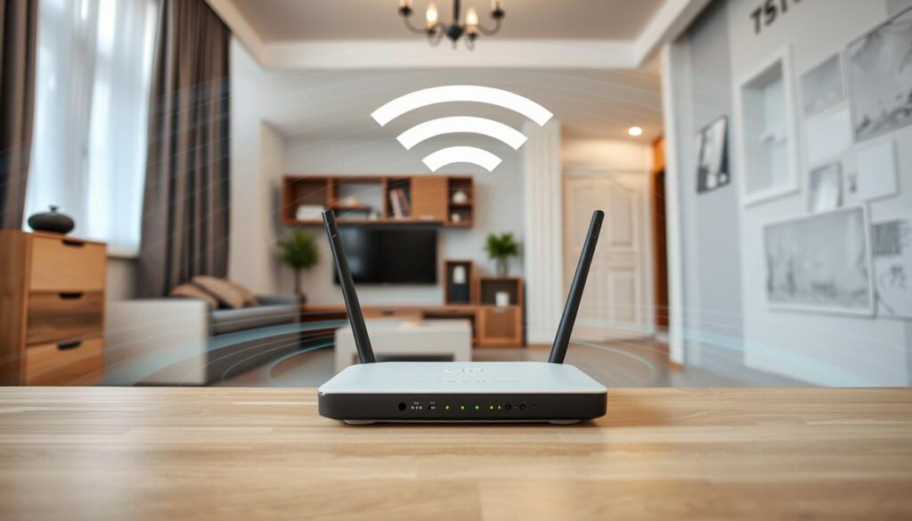 Router Wi-Fi amplasat strategic într-un apartament românesc