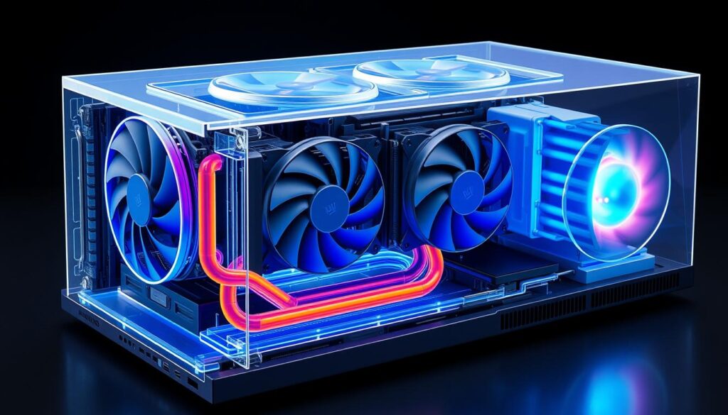 Sistem de răcire avansat al unui laptop de gaming, cu ventilatoare și heatpipes vizibile