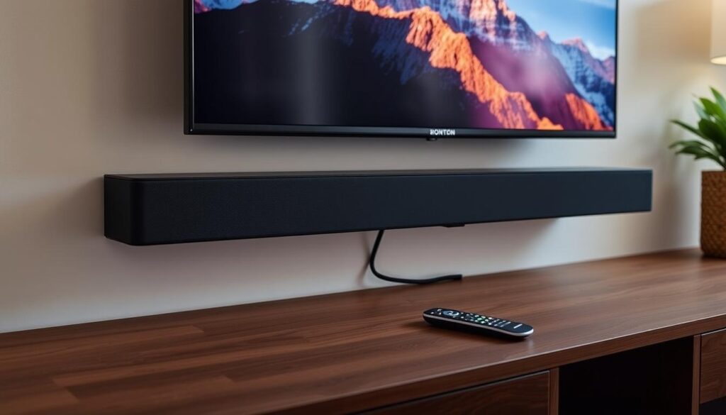 Soundbar conectat la un televizor modern în sufragerie