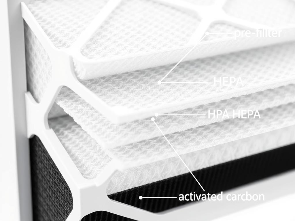 Structura unui filtru HEPA pentru purificator de aer, arătând straturile multiple de filtrare Structura unui filtru HEPA pentru purificator de aer, arătând straturile multiple de filtrare