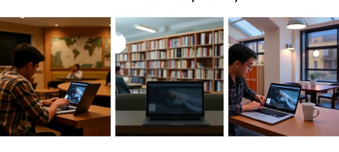 Student folosind un laptop în diverse medii de studiu, evidențiind importanța autonomiei bateriei