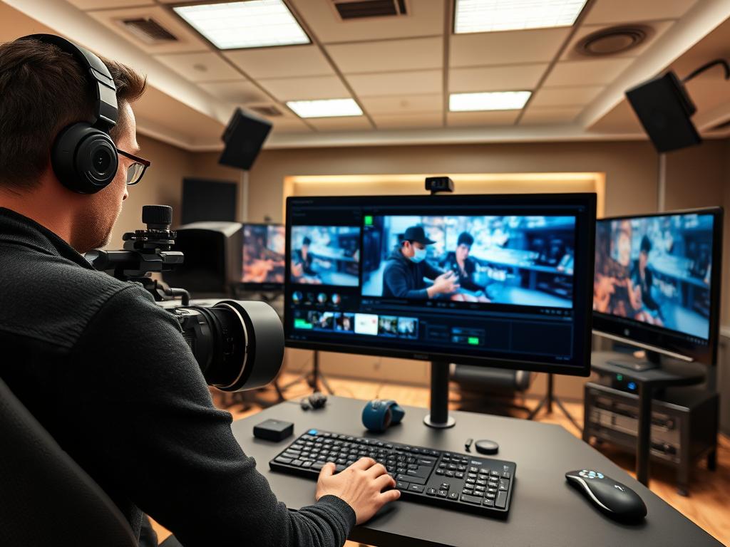 Studio profesional de editare video cu monitor 8K pentru producții cinematografice Studio profesional de editare video cu monitor 8K pentru producții cinematografice