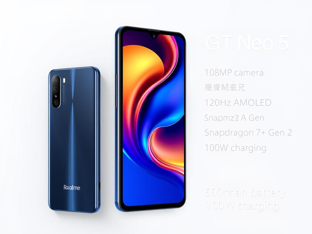 Telefon Realme GT Neo 5 SE cu specificațiile afișate și logo-ul branduri chinezești telefoane România 2025 Telefon Realme GT Neo 5 SE cu specificațiile afișate și logo-ul branduri chinezești telefoane România 2025