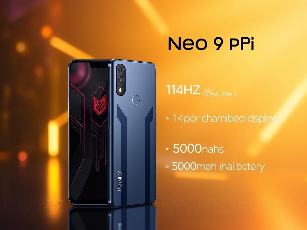 Telefon iQOO Neo 9 Pro cu specificațiile afișate și logo-ul branduri chinezești telefoane România 2025 Telefon iQOO Neo 9 Pro cu specificațiile afișate și logo-ul branduri chinezești telefoane România 2025