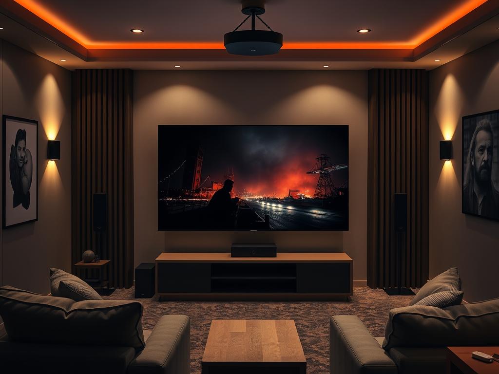 Televizor OLED într-o cameră de cinema acasă cu lumină controlată Televizor OLED într-o cameră de cinema acasă cu lumină controlată