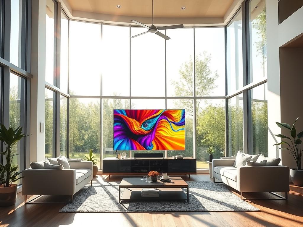 Televizor QLED într-o cameră luminoasă cu ferestre mari Televizor QLED într-o cameră luminoasă cu ferestre mari