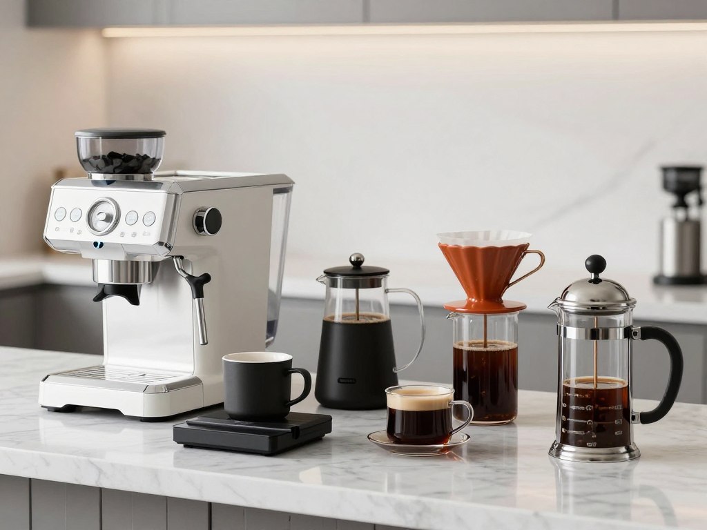 Colecție modernă de echipamente de preparare a cafelei pentru cadouri, incluzând espressoare, prese franceze și dripper-uri
