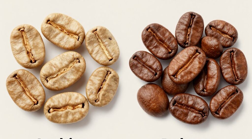 Comparație vizuală între boabele de Arabica vs Robusta, arătând diferențele de formă și culoare Comparație vizuală între boabele de Arabica vs Robusta, arătând diferențele de formă și culoare