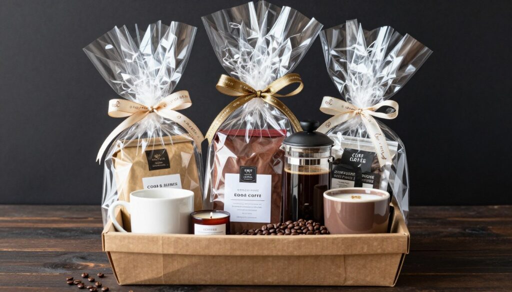Coș cadou tematic pentru iubitorii de cafea, cu selecție de cafele și accesorii