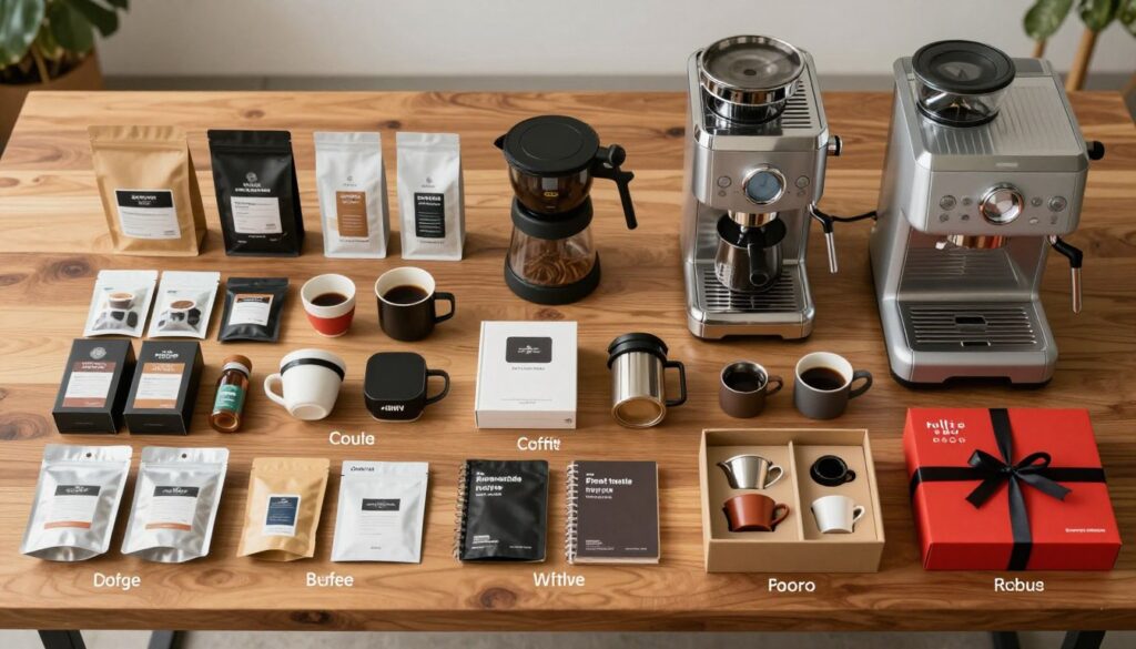 Diverse cadouri pentru iubitorii de cafea organizate pe categorii de preț, de la accesibile la premium