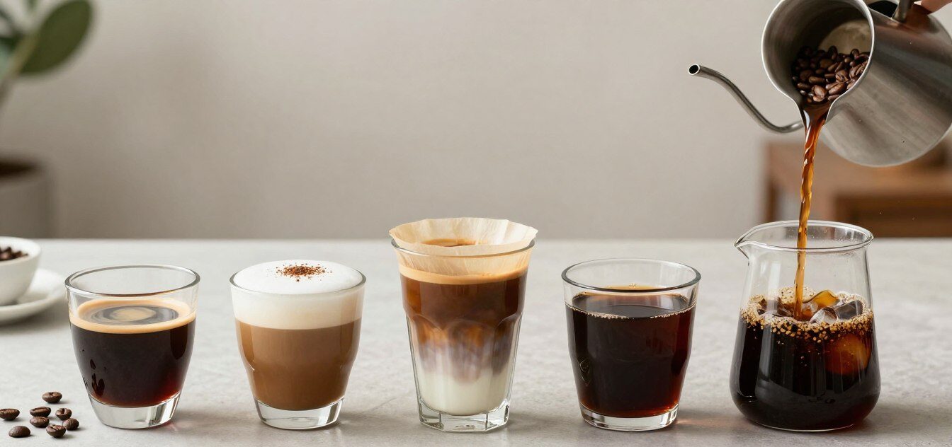 Diverse tipuri de cafea preparate din Arabica și Robusta, aranjate pentru comparație Diverse tipuri de cafea preparate din Arabica și Robusta, aranjate pentru comparație