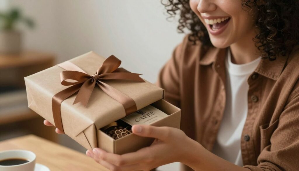 Persoană bucuroasă primind un cadou legat de cafea, ambalat elegant