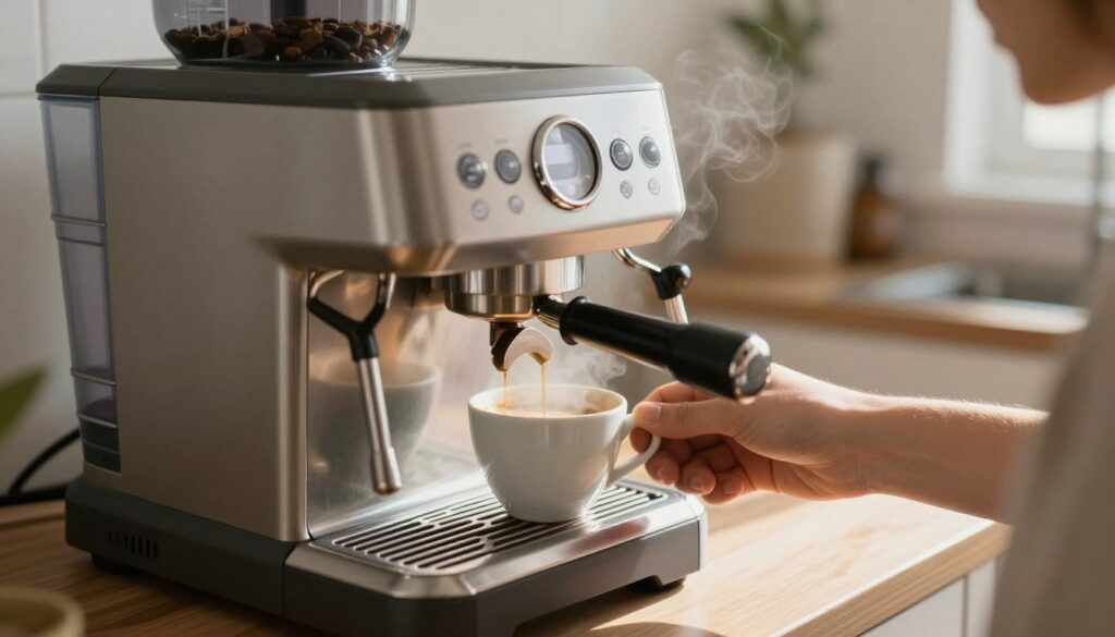 Persoană savurând o cafea pregătită cu un espressor silențios într-un apartament modern din România Persoană savurând o cafea pregătită cu un espressor silențios într-un apartament modern din România