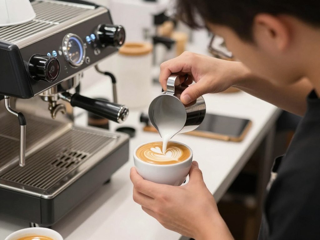 Workshop de latte art unde participanții învață să creeze modele artistice în cafea