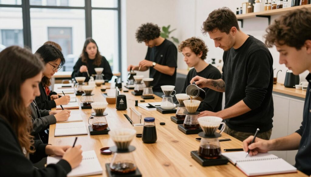 Workshop de preparare a cafelei cu participanți entuziaști învățând tehnici de la un barista expert