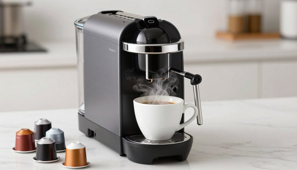 Aparat de cafea cu capsule Nespresso pregătind o cafea într-o ceașcă elegantă