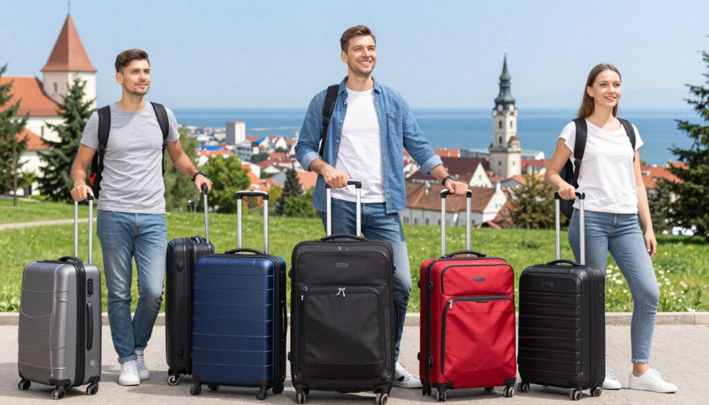 Călători fericiți cu bagaje moderne în diverse locații din România Călători fericiți cu bagaje moderne în diverse locații din România