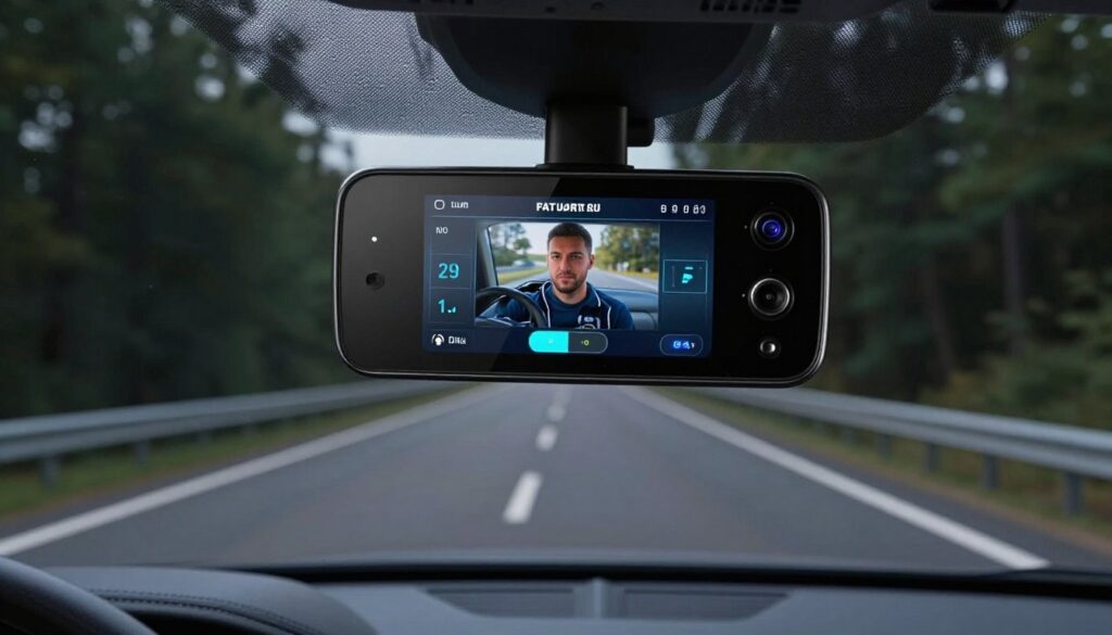 Cameră auto duală cu AI montată pe parbriz, afișând alerte de oboseală pe ecran Cameră auto duală cu AI montată pe parbriz, afișând alerte de oboseală pe ecran