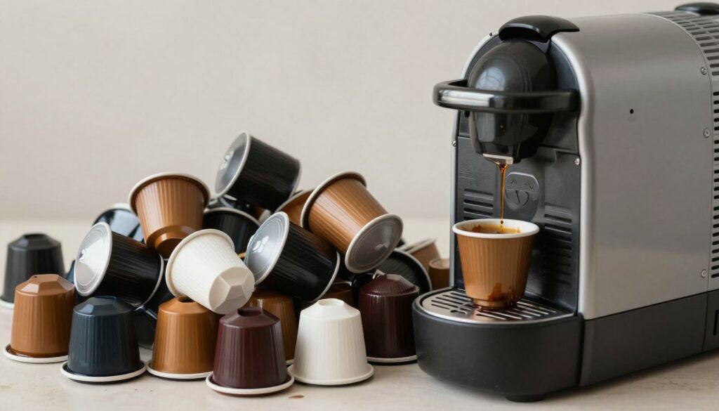 Capsule de cafea folosite lângă un aparat de cafea, ilustrând problema deșeurilor Capsule de cafea folosite lângă un aparat de cafea, ilustrând problema deșeurilor