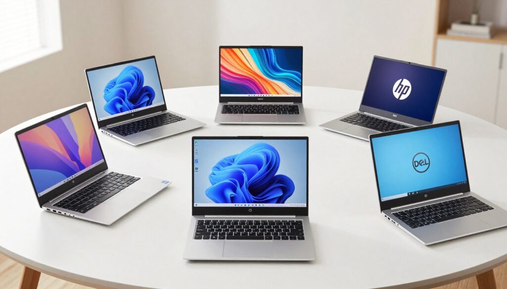 Cele cinci laptopuri buget recomandate aranjate pe un birou, evidențiind diferențele de design și dimensiuni Cele cinci laptopuri buget recomandate aranjate pe un birou, evidențiind diferențele de design și dimensiuni