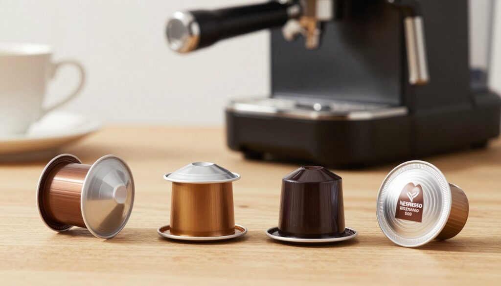 Comparație între capsule compatibile și capsule originale Nespresso pe o masă cu un espressor
