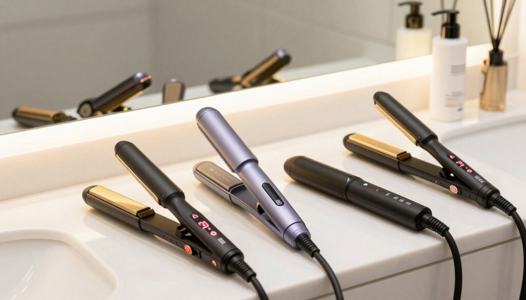 Comparație între diferite plăci de păr moderne pe o masă de toaletă