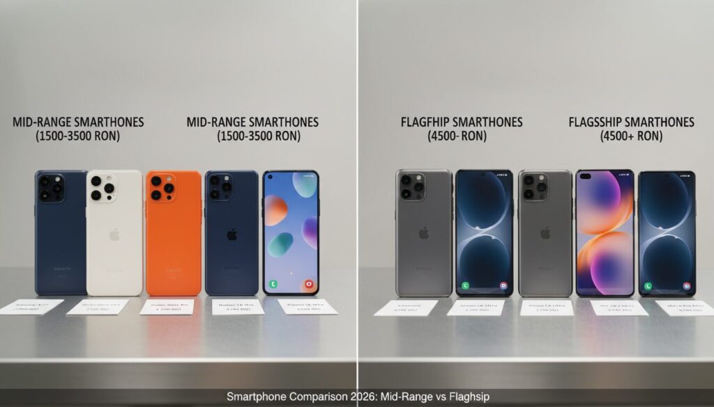 Comparație între telefoane mid-range și flagship-uri în 2026