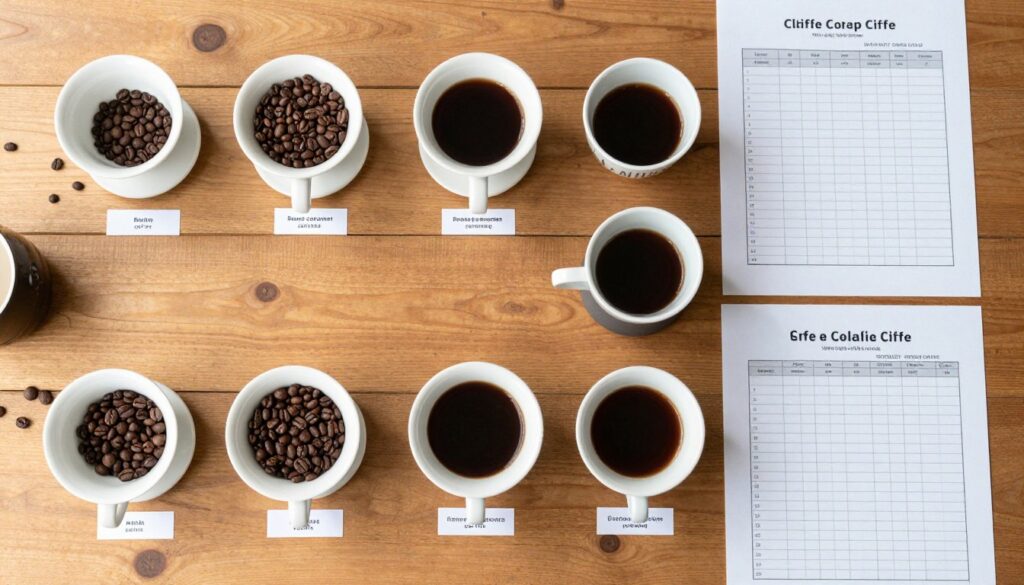 Criterii de evaluare pentru cafea boabe premium afișate pe o masă cu diverse tipuri de cafea