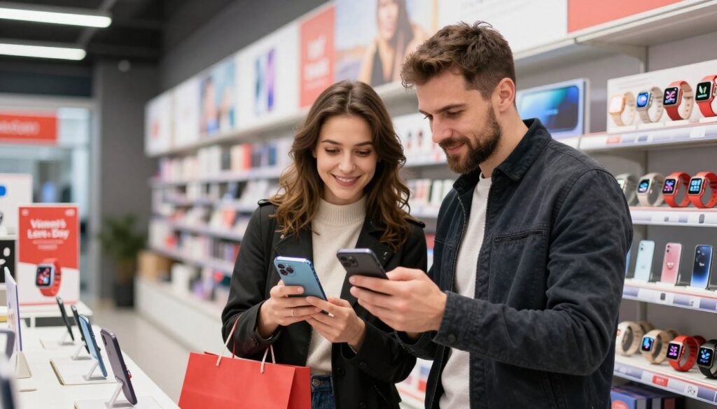 Cuplu alegând cadouri tech împreună