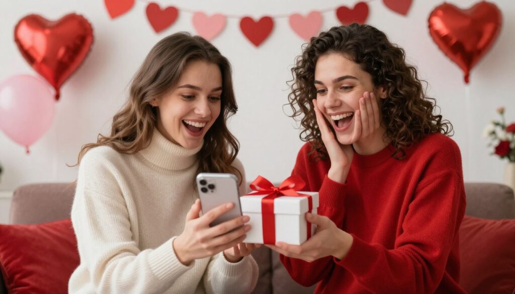 Cuplu fericit cu cadouri tech de Valentine's Day