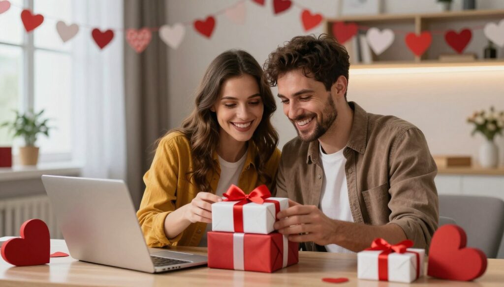 Cuplu fericit deschizând cadouri tech de Valentine's Day