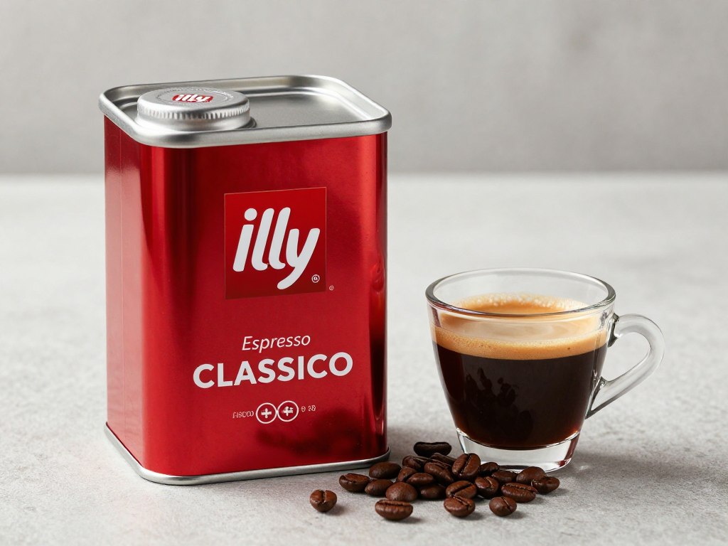 Cutie metalică elegantă de cafea boabe Illy Espresso Classico cu o ceașcă de espresso perfect preparată Cutie metalică elegantă de cafea boabe Illy Espresso Classico cu o ceașcă de espresso perfect preparată